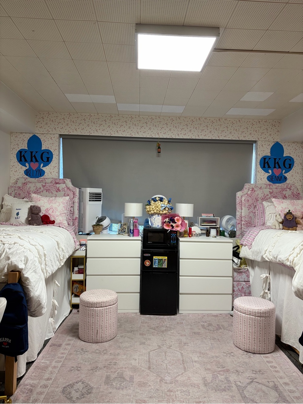 Twin Floral Upholstered Beds with Pink Accents